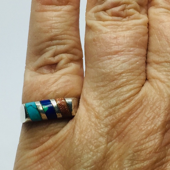 SOLD Sterling TAXCO Ring Pyrite, Lapis & Turquoise - Picture 8 of 8